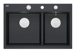 Quadri Hard Rock Double Évier en Granit Noir 76x50 cm avec bouchon en inox et accessoires 1208971401