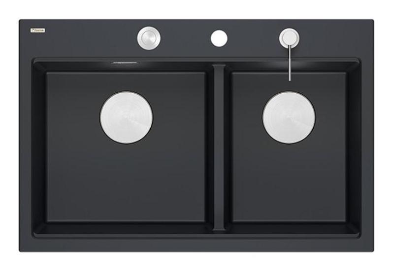 Quadri Hard Rock Doppeltes Schwarzes Granit Aufbauspüle 76x50 cm mit Edelstahl-Stopfen und Zubehör 1208971401