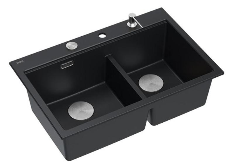 Quadri Hard Rock Doppeltes Schwarzes Granit Aufbauspüle 76x50 cm mit Edelstahl-Stopfen und Zubehör 1208971401
