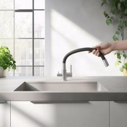Robinet de cuisine Quadri Selene en inox à 3 voies avec bec flexible et connexion supplémentaire pour eau filtrée 1208971407