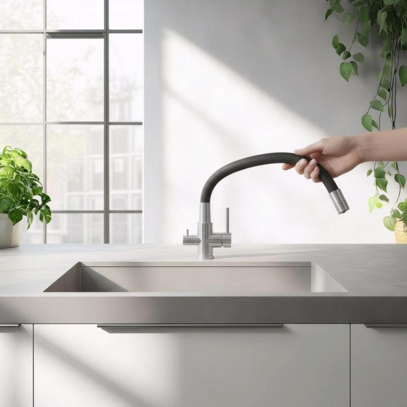 Quadri Selene Küchenmischbatterie Edelstahl 3-Wege mit flexiblem Auslauf und zusätzlichem Anschluss für gefiltertes Wasser 1208971407
