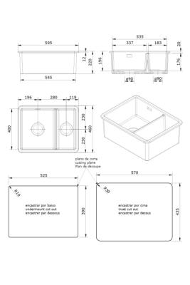 Ausmann Ceramic Ember Évier en céramique blanc une fois et demi Montage sur plan et sous plan 535 x 400 mm avec bouchons dorés 1208971506