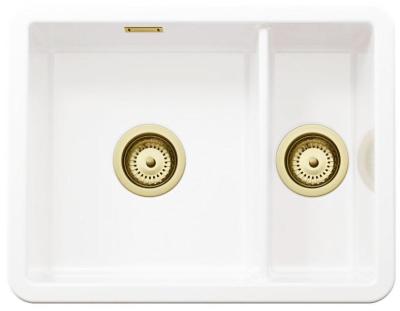 Ausmann Ceramic Ember Évier en céramique blanc une fois et demie Montage en surface et sous plan 495 x 370 mm avec bouchons dorés 1208971511