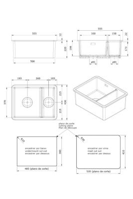 Ausmann Ceramic Ember Évier en céramique blanc une fois et demie Montage en surface et sous plan 495 x 370 mm avec bouchons dorés 1208971511