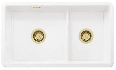 Ausmann Ceramic Ember Évier en céramique blanc une fois et demie Montage en surface et sous plan 733 x 401 mm avec bouchons dorés 1208971518