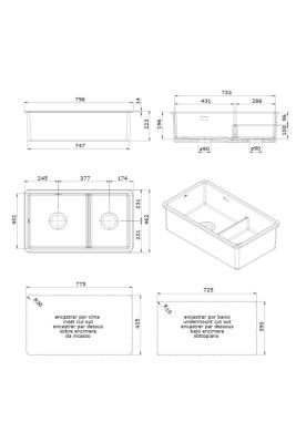 Ausmann Ceramic Ember Évier en céramique blanc une fois et demie Montage en surface et sous plan 733 x 401 mm avec bouchons dorés 1208971518