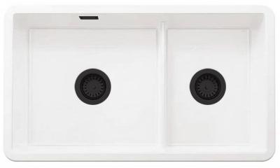 Ausmann Ceramic Ember Évier de cuisine en céramique blanc une et demie à encastrer et sous-meuble 733 x 401 mm avec bouchons noirs 1208971521