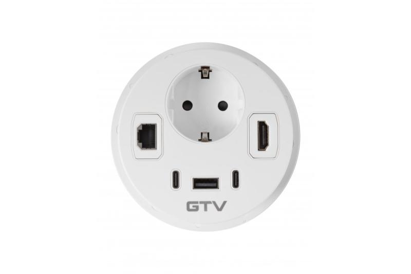 Möbelsteckdose RONDO, 1xSCHUKO, 1xUSB-A, 2xUSB-C, HDMI, RJ45 Kabel 1,5 m, weiß