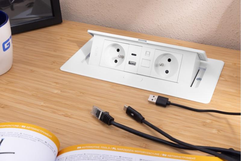 MULTISOFT Möbelsteckdose 2x Steckdose mit Erdung, USB A+C, RJ45, Stromkabel mit Stecker, Weiß