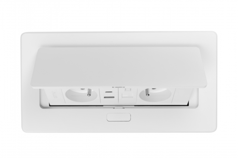MULTISOFT Möbelsteckdose 2x Steckdose mit Erdung, USB A+C, RJ45, Stromkabel mit Stecker, Weiß