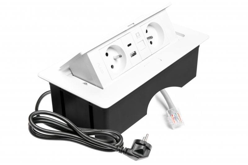 MULTISOFT Möbelsteckdose 2x Steckdose mit Erdung, USB A+C, RJ45, Stromkabel mit Stecker, Weiß