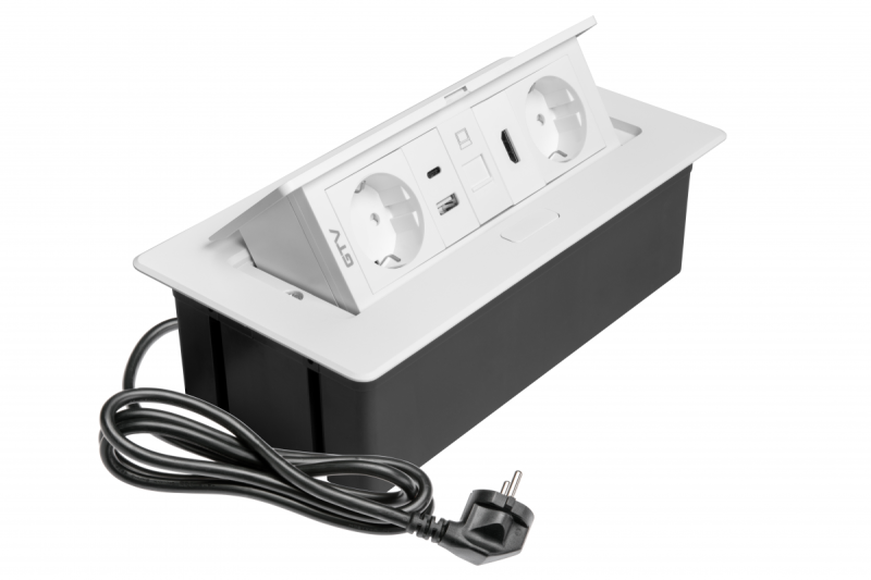 Möbelsteckdose MULTISOFT, 2xSCHUKO, USB A+C, RJ45, HDMI, Kabel 1,5 m, weiß