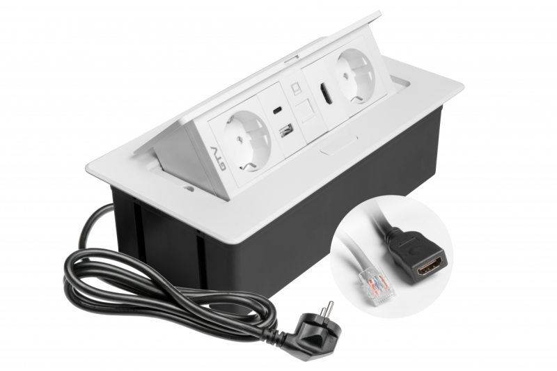 Möbelsteckdose MULTISOFT, 2xSCHUKO, USB A+C, RJ45, HDMI, Kabel 1,5 m, weiß