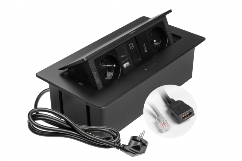 Möbelsteckdose MULTISOFT, 2xSCHUKO, USB A+C, RJ45, HDMI-Kabel 1,5 m, schwarz