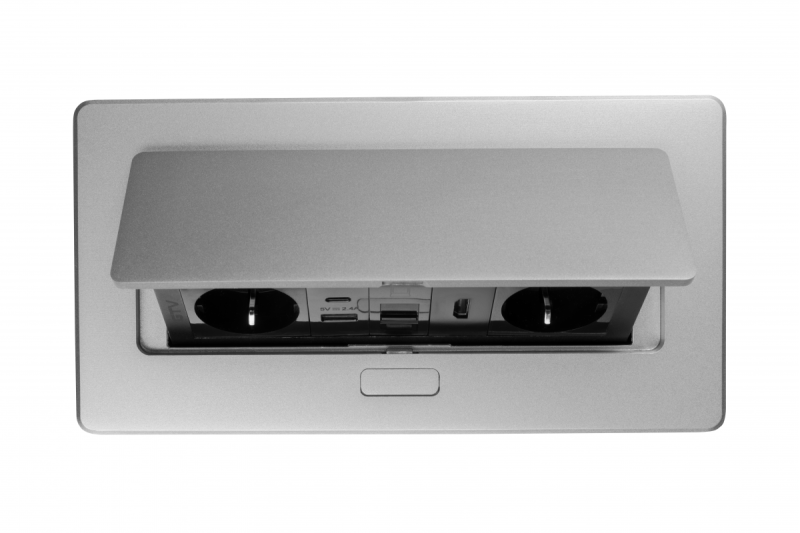 Möbelsteckdose MULTISOFT, 2xSCHUKO, USB A+C, RJ45, HDMI-Kabel 1,5 m, Aluminium