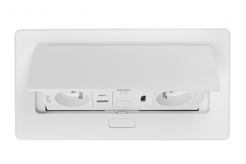 MULTISOFT Möbeleinbausteckdose 2x Steckdose mit Erdung, USB A+C, RJ45, HDMI, Stromkabel mit Stecker, Weiß