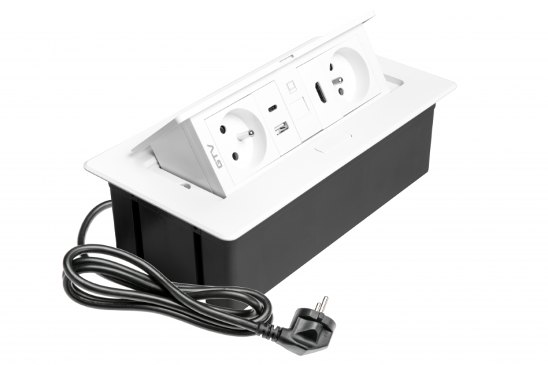 MULTISOFT Möbeleinbausteckdose 2x Steckdose mit Erdung, USB A+C, RJ45, HDMI, Stromkabel mit Stecker, Weiß