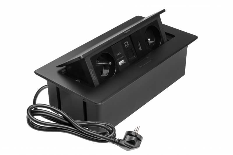 MULTISOFT Möbelsteckdose 2x Steckdose mit Erdung, USB A+C, RJ45, HDMI, Stromkabel mit Stecker, Schwarz