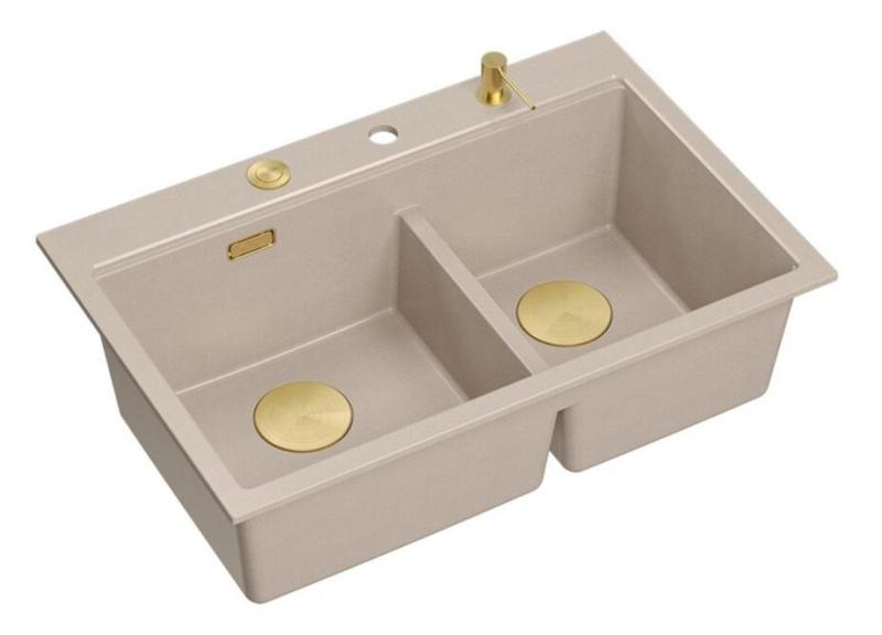 Quadri Hard Rock Doppelbeige Granit Aufbau Spülbecken 76x50 cm mit goldenem Stopfen und Zubehör 1208971663