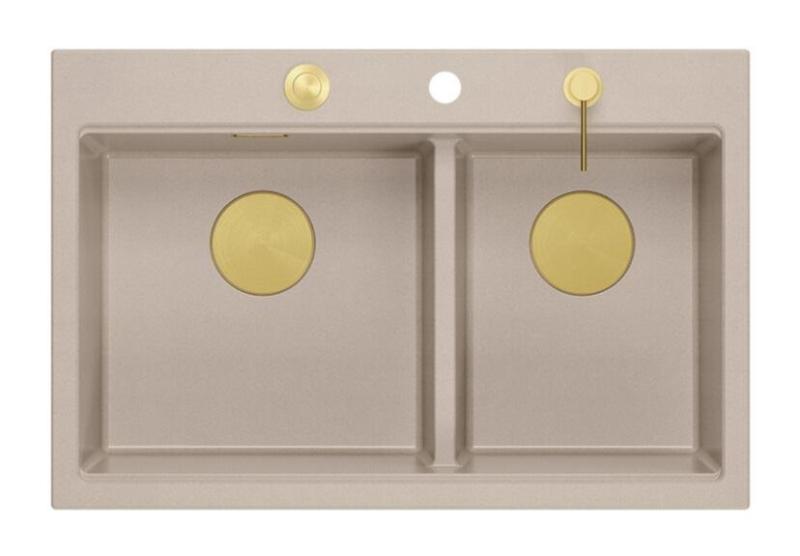 Quadri Hard Rock Doppelbeige Granit Aufbau Spülbecken 76x50 cm mit goldenem Stopfen und Zubehör 1208971663