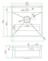 Pure.Sink Luxion Kupferspüle 51 x 50 cm Tapwing mit Hahnlochbank PLX5150T-62
