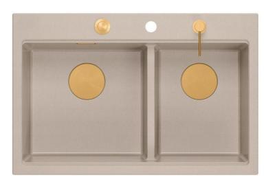 Quadri Hard Rock Double Évier en Granit Beige 76x50 cm avec Bouchon en Cuivre et Accessoires 1208971726