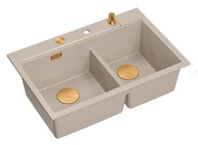 Quadri Hard Rock Double Évier en Granit Beige 76x50 cm avec Bouchon en Cuivre et Accessoires 1208971726