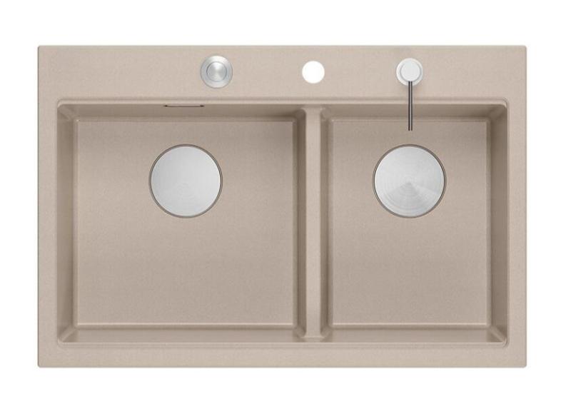 Quadri Hard Rock Doppelter Beige Granit Aufbauwaschbecken 76x50 cm mit Edelstahlstopfen und Zubehör 1208971749