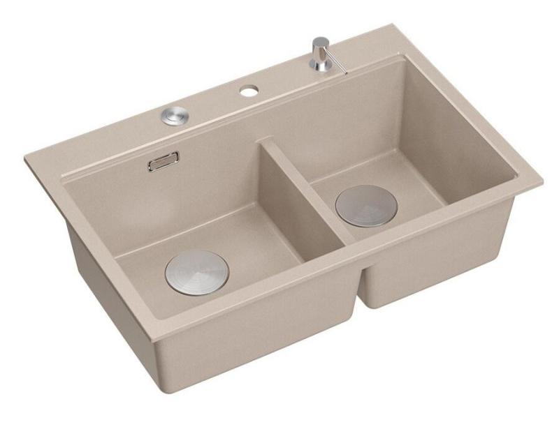 Quadri Hard Rock Doppelter Beige Granit Aufbauwaschbecken 76x50 cm mit Edelstahlstopfen und Zubehör 1208971749