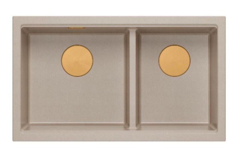 Quadri Newport II Doppel Beige Granit Aufbau Spüle 76x45 cm mit Kupferstopfen 1208971752
