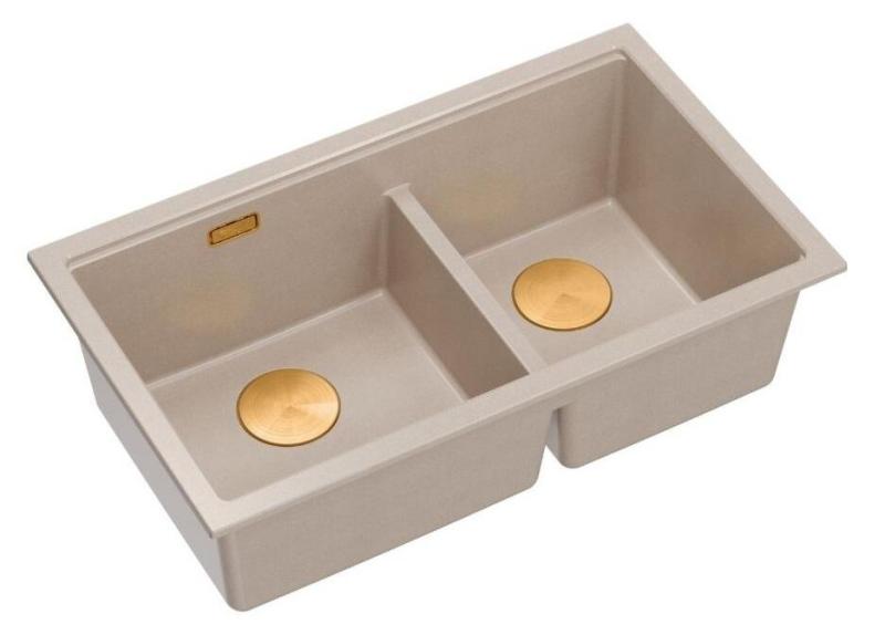 Quadri Newport II Doppel Beige Granit Aufbau Spüle 76x45 cm mit Kupferstopfen 1208971752