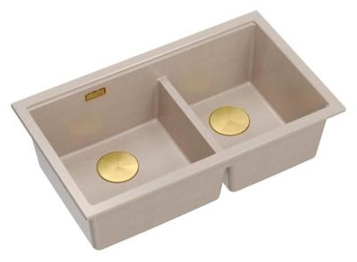 Quadri Newport II Double Beige Granit Montage Évier 76x45 cm avec Bouchon Doré 1208971753