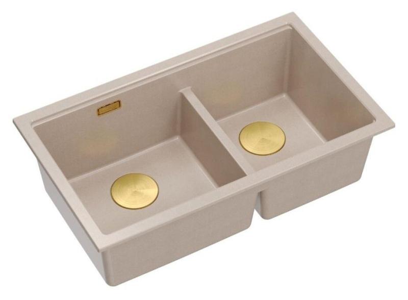 Quadri Newport II Doppelbeige Granit-Aufbauspüle 76x45 cm mit goldenem Stopfen 1208971753