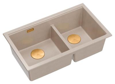 Quadri Newport II Double Évier Sous-Plan en Granit Beige 702 x 390 mm avec Bouchon en Cuivre 1208971755