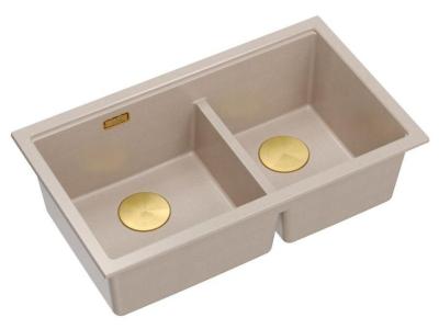 Quadri Newport II Double Évier Sous Plan en Granit Beige 702 x 390 mm avec Bouchon Doré 1208971756