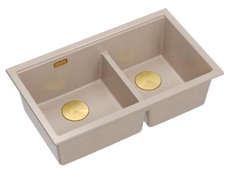 Quadri Newport II Doppelte Beige Granit Unterbau Spüle 702 x 390 mm mit goldenem Stopfen 1208971756