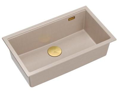 Quadri Newport II grand et profond évier en granit à poser et à encastrer beige 76x45cm avec bouchon doré 1208971759