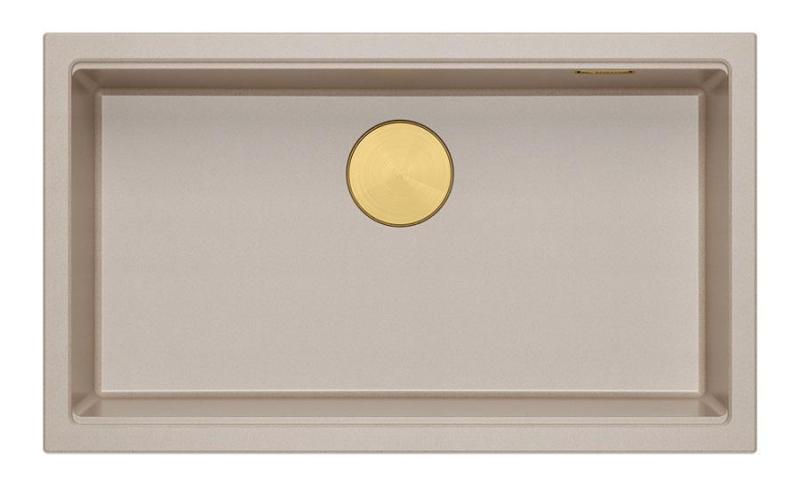 Quadri Newport II große und tiefe Spülbecken Granit Aufbau und Unterbau beige Spülbecken 76x45cm mit goldenem Stopfen 1208971759