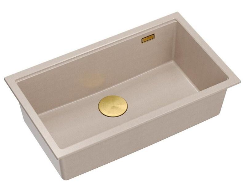 Quadri Newport II große und tiefe Spülbecken Granit Aufbau und Unterbau beige Spülbecken 76x45cm mit goldenem Stopfen 1208971759