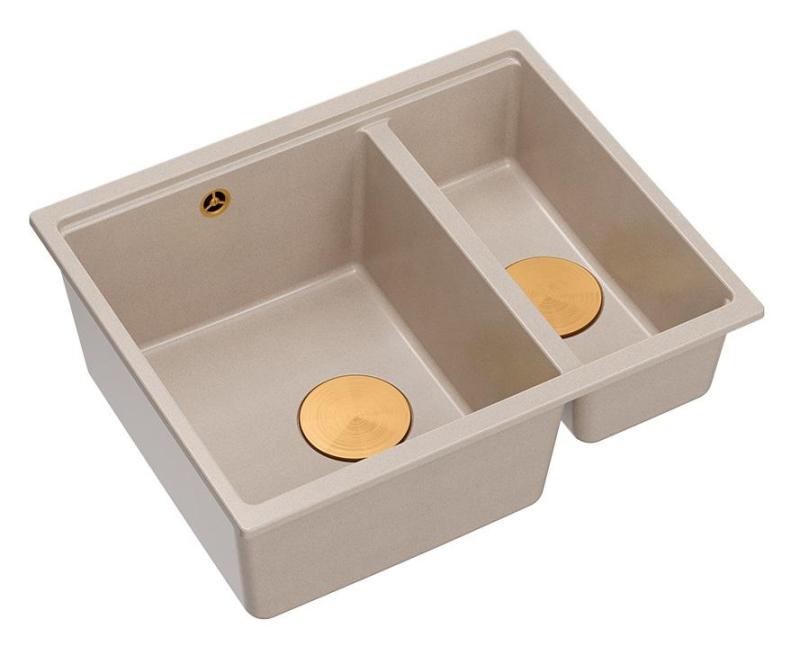 Quadri Newport II beige 1,5 Spülbecken Granit Aufbau und Unterbau Spülbecken 555x460mm mit Kupferstecker 1208971767