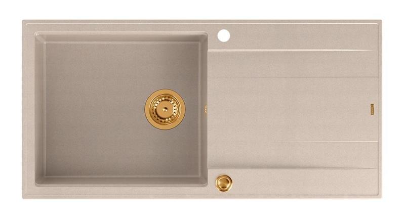 Quadri Luton Perlbeige Granitaufbauwaschbecken mit Abtropffläche reversibel 100x50cm mit Kupferstopfen 1208971770