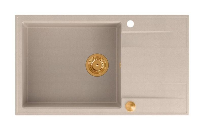 Quadri Luton Perlenbeige Granitgroßer Aufbauspülbecken mit Abtropffläche umkehrbar 86x50cm mit Kupferstopfen 1208971773