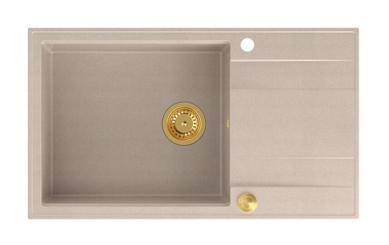 Quadri Luton Perlenbeige Granit große Aufbauspüle mit Abtropffläche reversibel 86x50cm mit goldenem Stecker 1208971774