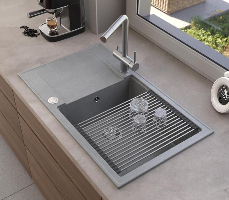 Quadri Luton Perlenbeige Granit große Aufbauspüle mit Abtropffläche umkehrbar 86x50cm mit Edelstahl-Stecker 1208971775