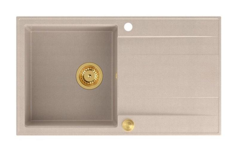 Quadri Luton Perlenbeige Granitaufbauwaschbecken mit Abtropffläche umkehrbar 86x50cm mit goldenem Stecker 1208971778