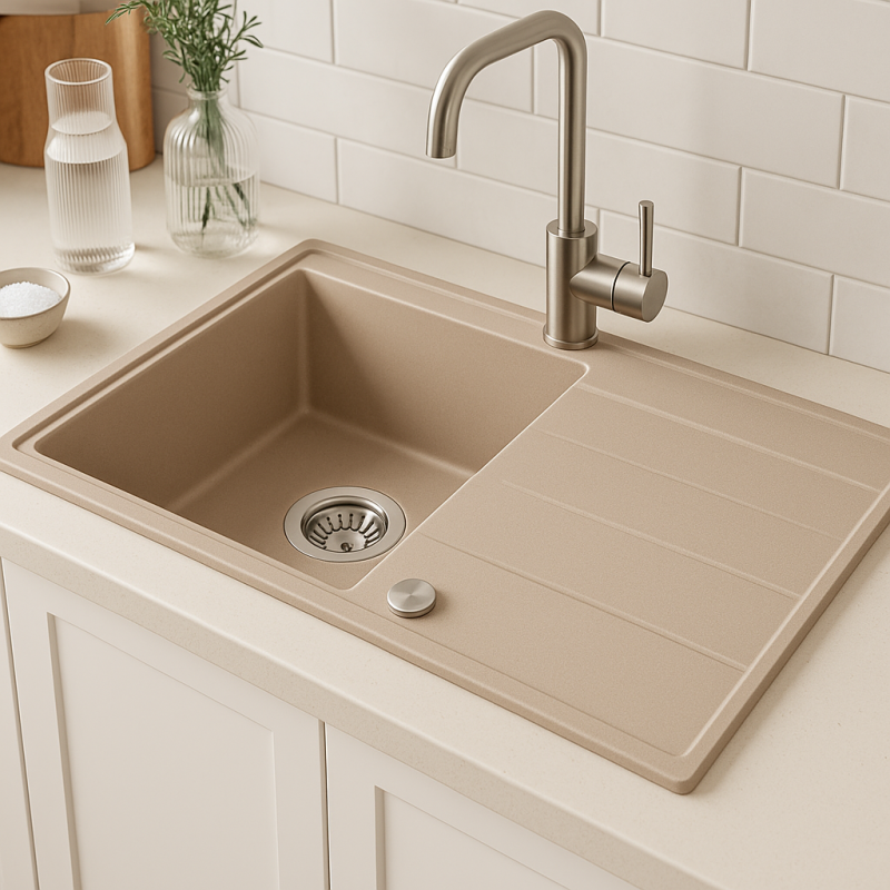 Quadri Luton Perlenbeige Granitaufbau-Spülbecken mit Abtropffläche, umkehrbar 86x50cm mit Edelstahl-Stecker 1208971779