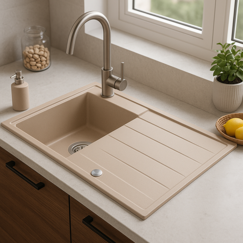 Quadri Luton Perlenbeige Granitaufbau-Spülbecken mit Abtropffläche, umkehrbar 86x50cm mit Edelstahl-Stecker 1208971779