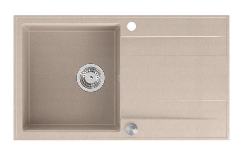 Quadri Luton Perlenbeige Granitaufbau-Spülbecken mit Abtropffläche, umkehrbar 86x50cm mit Edelstahl-Stecker 1208971779