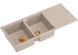 Quadri Luton construction double évier en granit pearl beige avec égouttoir 116x50 cm avec bouchon en cuivre 1208971801