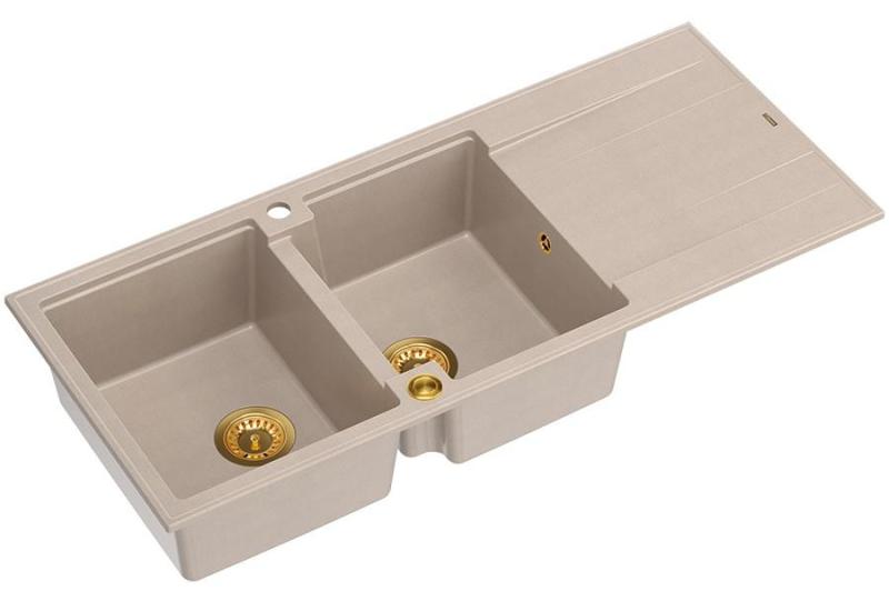 Quadri Luton Aufbau Doppelspülbecken aus Granit in Perlbeige mit Abtropffläche 116x50 cm mit goldenem Stopfen 1208971809